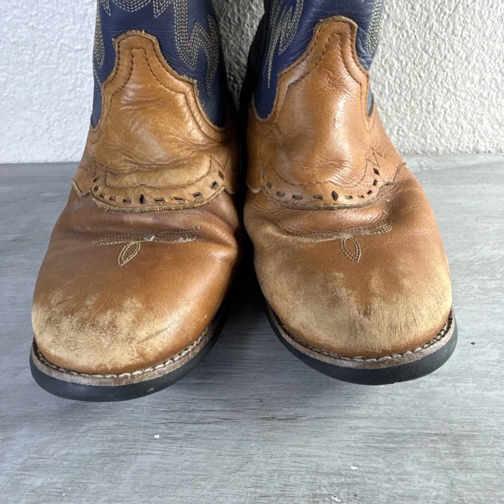Tony Lama Mid Calf Brown/Navy  Embroidered TLX Western Cowboy Kids 1.5